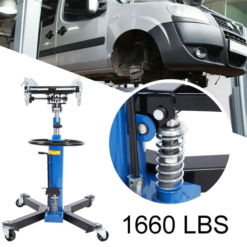 Heavy-Duty 1660-Lb Vertical Hydraulic Transmission Jack with 360° Swivel Pedal  Blue, Adjustable 33″ to 70″ Height (0.75-Ton Capacity)