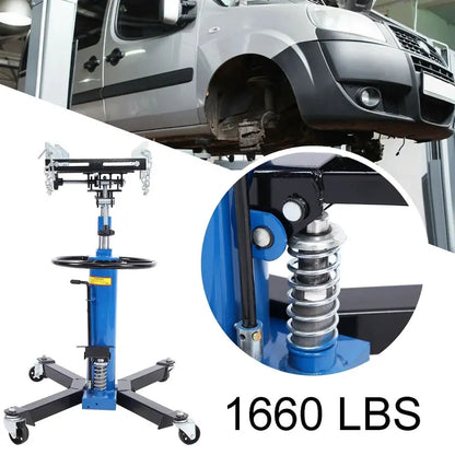Heavy-Duty 1660-Lb Vertical Hydraulic Transmission Jack with 360° Swivel Pedal  Blue, Adjustable 33″ to 70″ Height (0.75-Ton Capacity)
