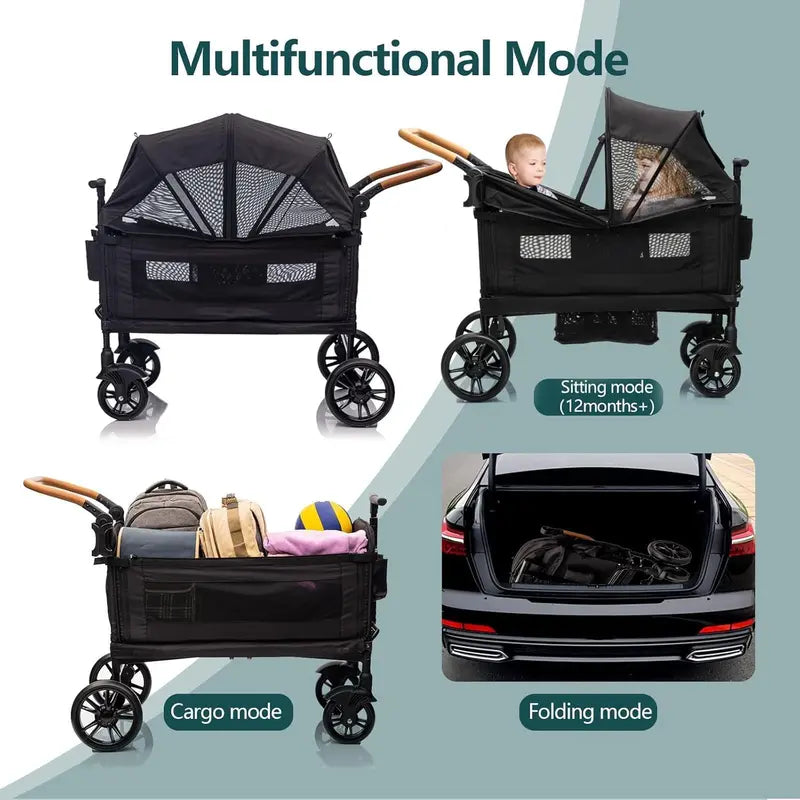 Lightweight Foldable Double Wagon Stroller  Push-Pull Travel Stroller for Newborns & Toddlers, 5-Point Safety Harness, Canopy, Tray Table & Cup Holder