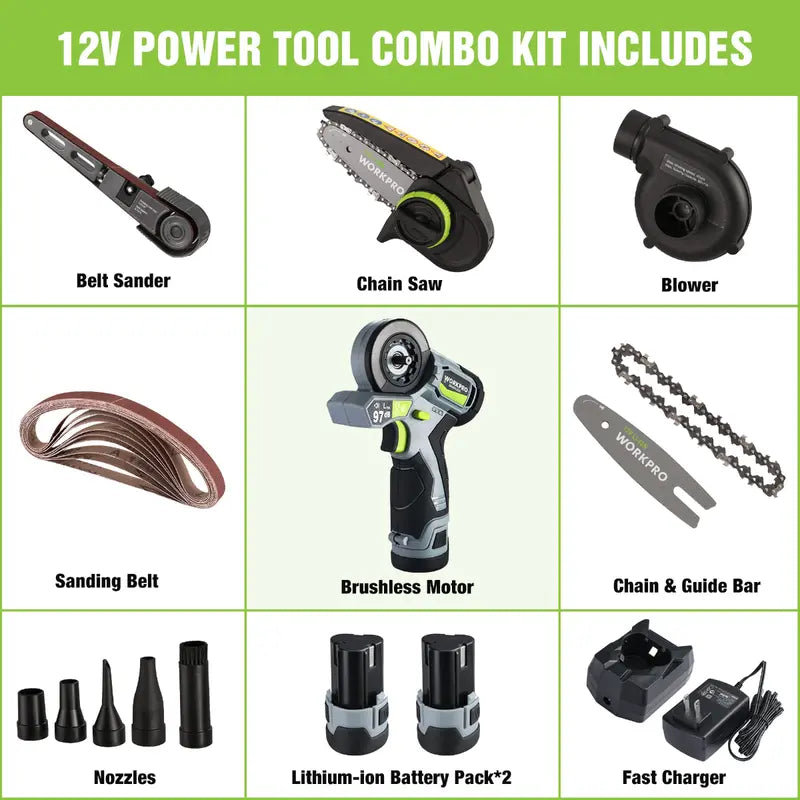 WORKPRO 3-in-1 Cordless Power Tool Kit  Detail Belt Sander, Mini Chainsaw & Electric Blower