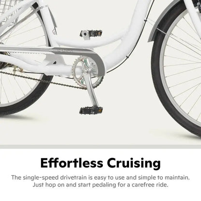 Schwinn Meridian Adult Trike  Beach Cruiser Style, 26″ Wheels, Low-Step Frame, Wide Comfort Saddle & Folding Basket