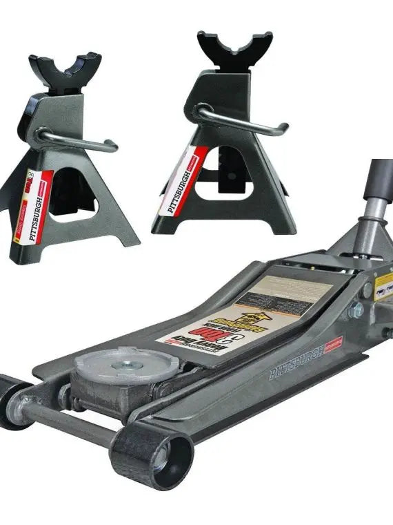 Pittsburg 3 Ton Low Profile Floor Jack & Stands Set with Rapid Pump Quick Lift