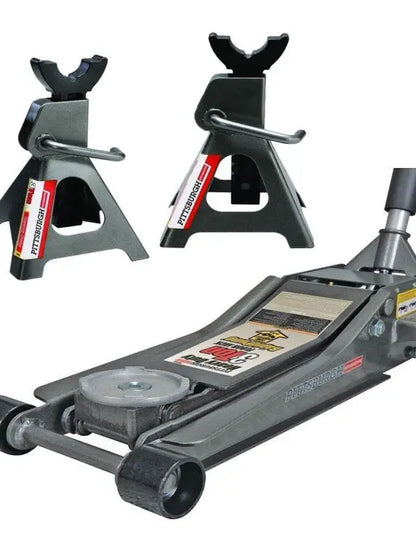 Pittsburg 3 Ton Low Profile Floor Jack & Stands Set with Rapid Pump Quick Lift