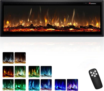 EUHOMY 50-Inch Recessed & Wall-Mounted Electric Fireplace  Adjustable Flame Color, Touchscreen, Timer & Remote, 750/1500W Linear Heater