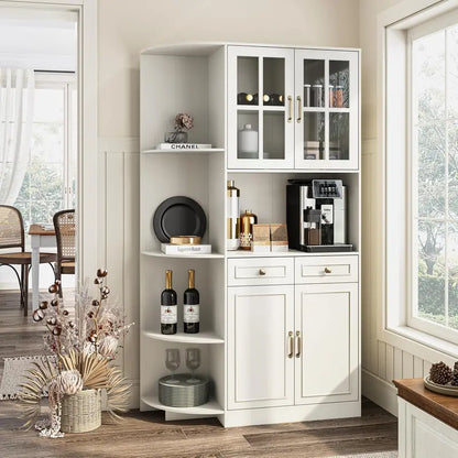 71″ Tall Kitchen Hutch Cabinet  Glass-Front Pantry Storage Unit with Open Shelving & Display Space