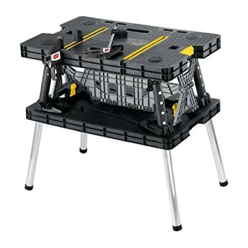 Keter Portable Folding Workbench Sawhorse with Clamps, Black/Yellow, Heavy-Duty Resin