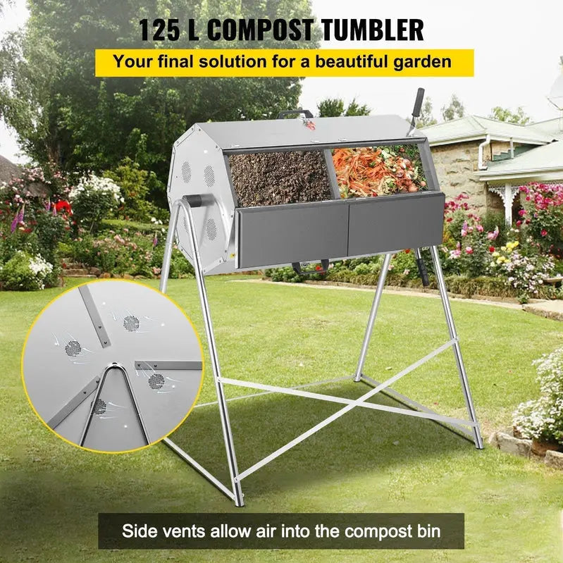 Dual-Chamber Rotating Steel Compost Tumbler  33-Gallon Outdoor Bin