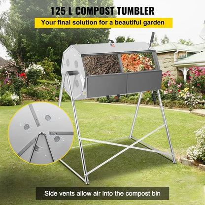 Dual-Chamber Rotating Steel Compost Tumbler  33-Gallon Outdoor Bin