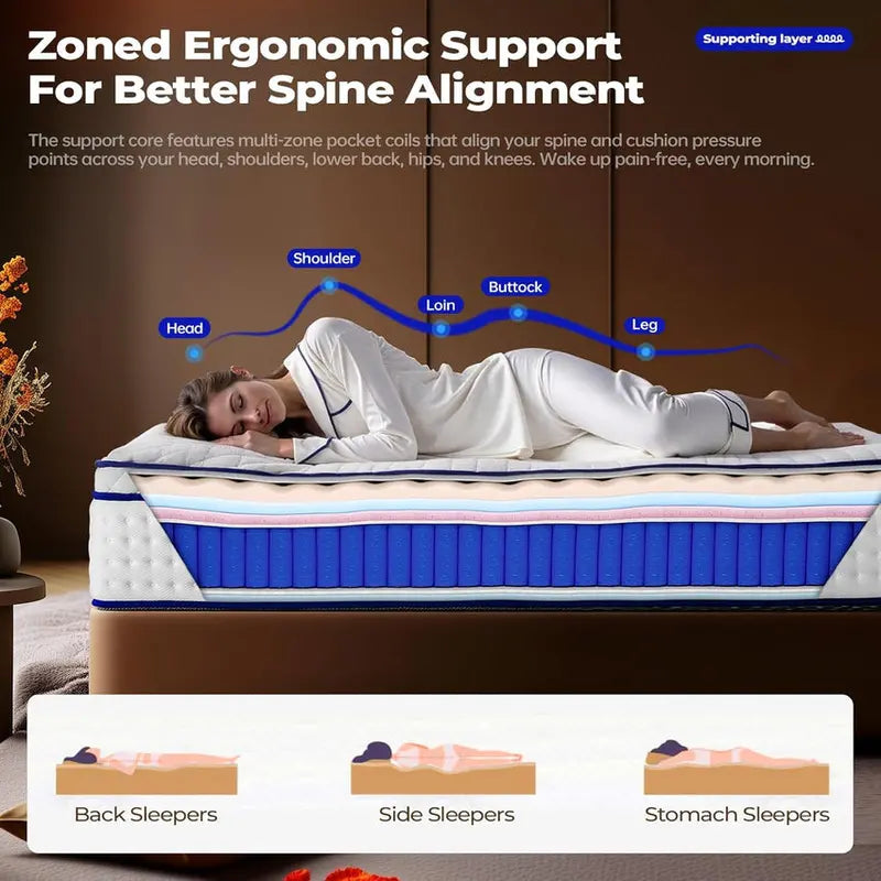 King-Size 14-Inch Hybrid Mattress  Medium-Firm Support with Layered Foam & Pocketed Coil System