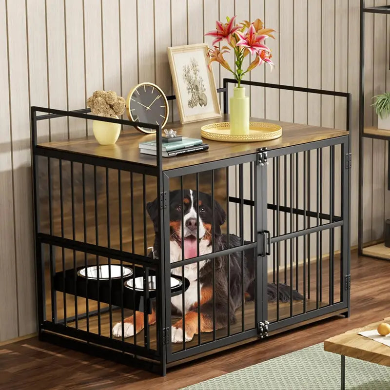 ROOMTEC Large Dog Crate Furniture with Adjustable Bowls, Steel Frame, Anti-Chew Design, 48″x30.3″x43″