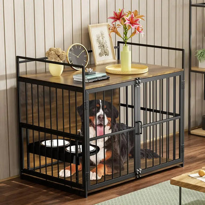 ROOMTEC Large Dog Crate Furniture with Adjustable Bowls, Steel Frame, Anti-Chew Design, 48″x30.3″x43″