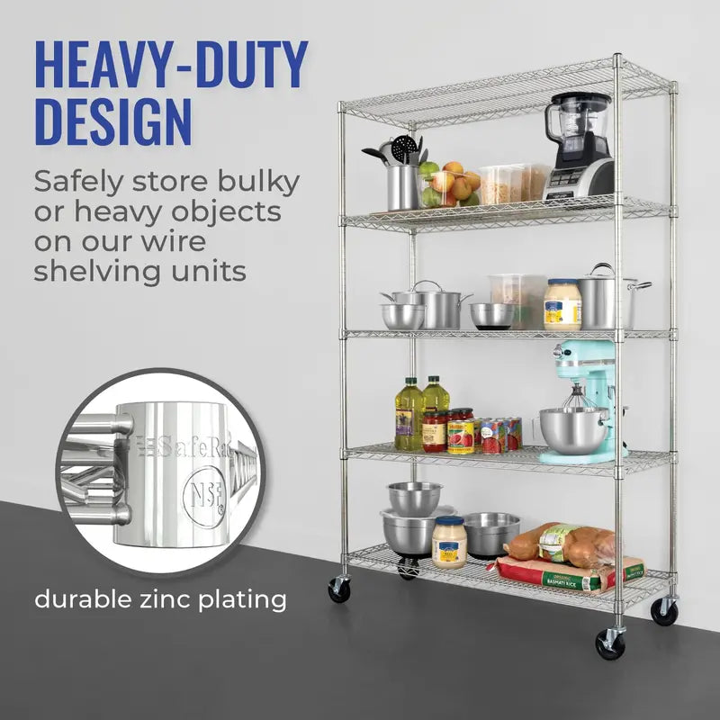 SafeRacks NSF Certified 5-Tier Wire Shelving Storage Unit, 48″x18″x76″, Heavy-Duty Metal Shelves with Wheels, Commercial Grade