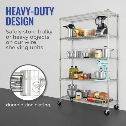 SafeRacks NSF Certified 5-Tier Wire Shelving Storage Unit, 48″x18″x76″, Heavy-Duty Metal Shelves with Wheels, Commercial Grade