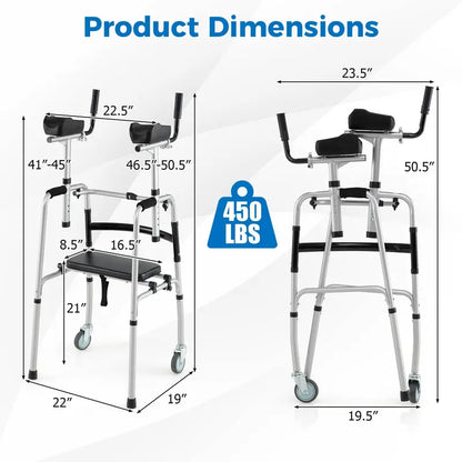 Heavy-Duty Folding Walker  450 lb Capacity, 5-Inch Wheels, Padded Seat & Removable Armrests