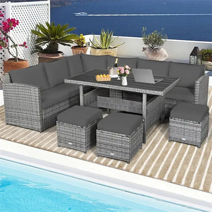 7-Piece Rattan Patio Dining Set  Sectional Sofa, Table, Ottomans & Cushions