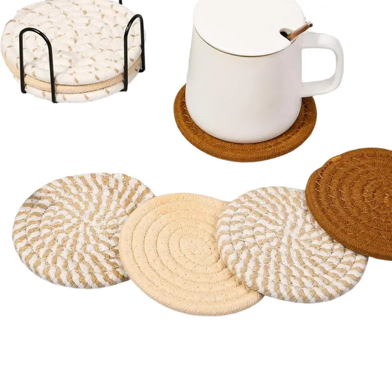 Set of 8 Absorbent Cotton Drink Coasters in 4 Colors + Storage Holder