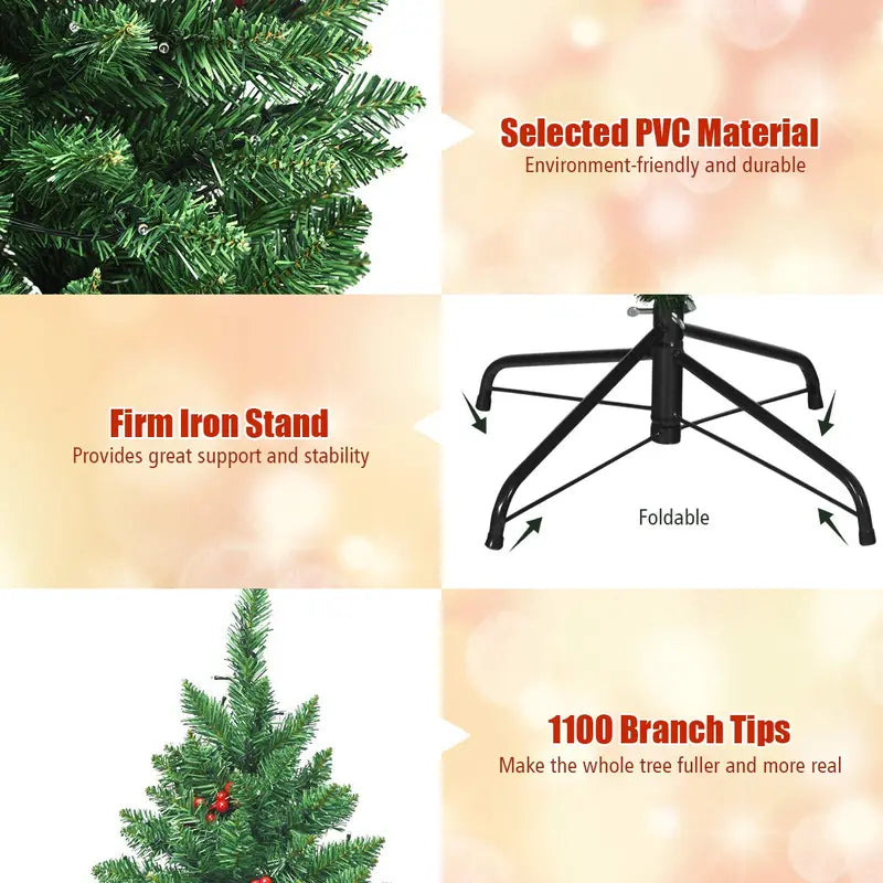6.5-Foot Pre-Lit Christmas Tree with 1100 Branch Tips, Pine Cones & Red Berries
