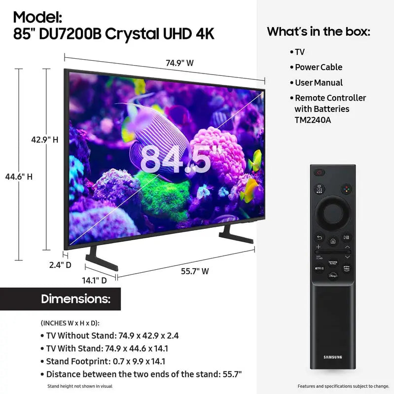 Samsung 85-Inch Crystal UHD 4K Smart TV DU7200B  PurColor, HDR, Tizen OS 2024