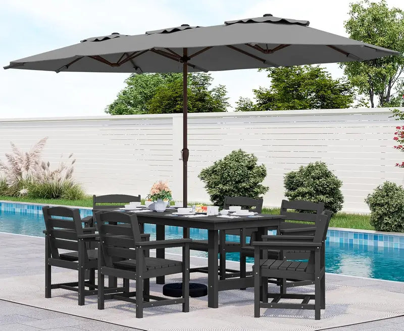 SERWALL 7-Piece Blue HDPE Outdoor Dining Set with Umbrella Hole and Stackable Chairs