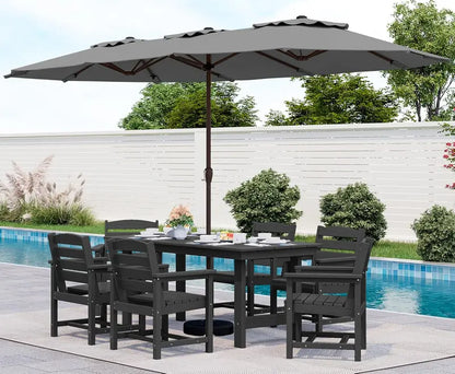 SERWALL 7-Piece Blue HDPE Outdoor Dining Set with Umbrella Hole and Stackable Chairs