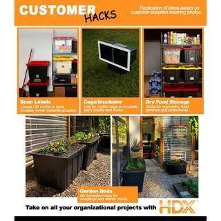 HDX 27-Gallon Black Storage Tote with Yellow Lid, Stackable & Waterproof, 5-Pack