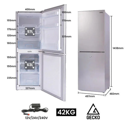 Gecko 160L Portable Fridge-Freezer  12V/24V/240V Dual-Power Upright Cooler for Caravans & Motorhomes (Silver)