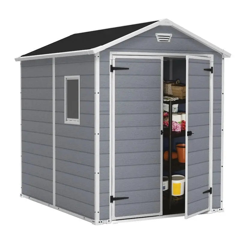 Manor Plastic Storage Shed  6 ft. Wide × 7.5 ft. Deep, Weather-Resistant Design