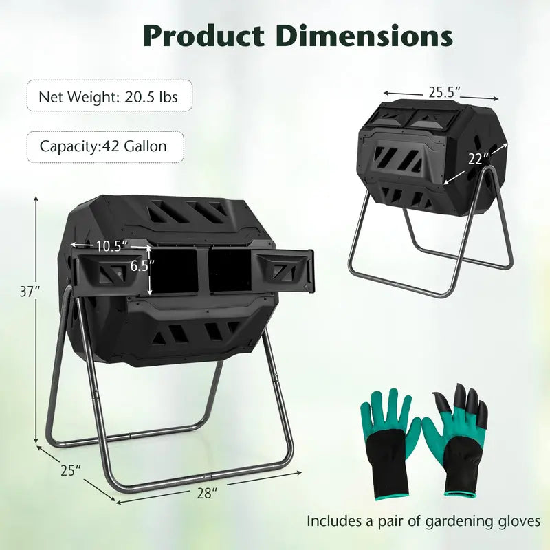 Dual-Chamber Compost Tumbler  42-Gallon Rotating Bin with Sliding Doors & Reinforced Steel Frame