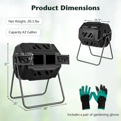Dual-Chamber Compost Tumbler  42-Gallon Rotating Bin with Sliding Doors & Reinforced Steel Frame