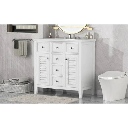 Contemporary Bathroom Vanity Featuring Ceramic Sink, Dual Cabinets, and Five Storage Drawers
