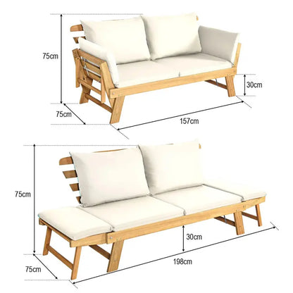 Acacia Wood Outdoor Daybed  Convertible Sofa Bed with Adjustable Armrests & Lounge Function