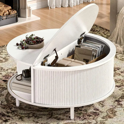 Lift-Top Walnut Coffee Table  31.5″ Fluted Mid-Century Modern Design with Sliding Door & Adjustable Feet