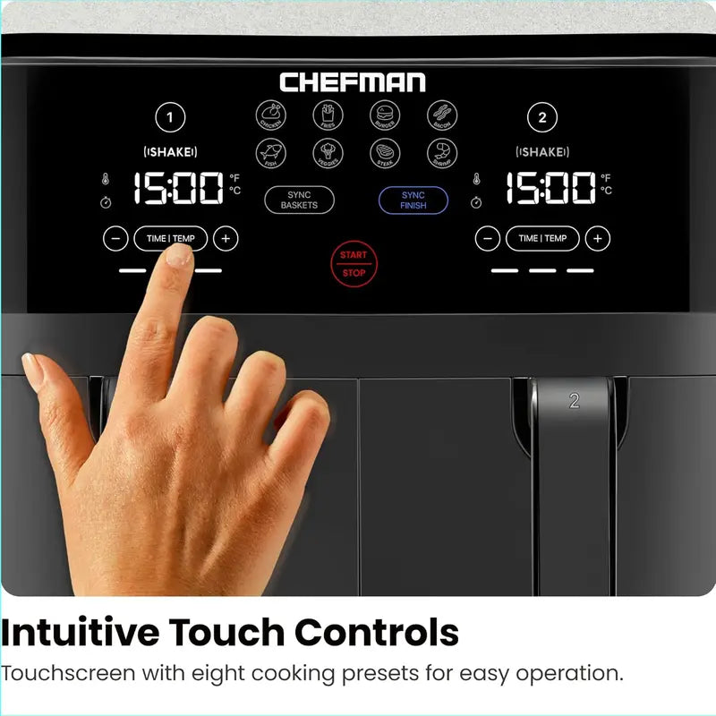 Chefman 6-Quart Dual-Basket Digital Air Fryer  Touchscreen Control, Independent 3-Quart Baskets, Smart Sync Finish & Auto Shut-Off