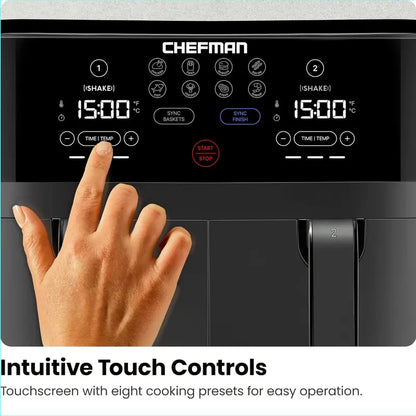 Chefman 6-Quart Dual-Basket Digital Air Fryer  Touchscreen Control, Independent 3-Quart Baskets, Smart Sync Finish & Auto Shut-Off