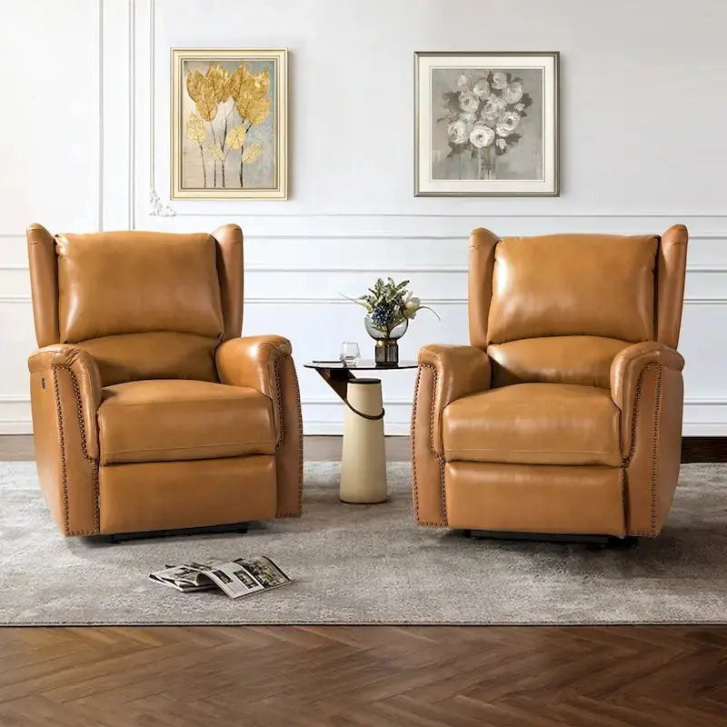 Eduardo Genuine Leather Power Recliners  Dual-Seat Set with USB Charging Ports