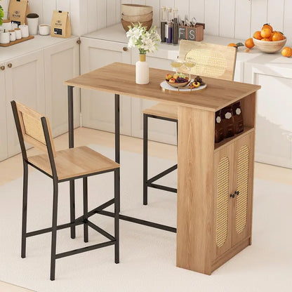 Bohemian Rattan 3-Piece Dining Set  Counter-Height Table + 2 Stools with Adjustable Shelving and Metal Frame