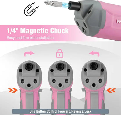 WORKPRO 3.6V Cordless Eccentric Screwdriver Kit — 24-Bit Set with Carry Case, Pink Ribbon Edition