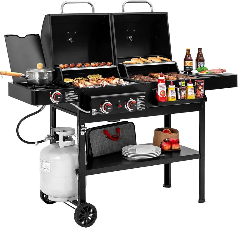 Dual-Fuel 2-Burner Gas & Charcoal Grill Combo with Offset Smoker and Side Burner  34,000 BTU