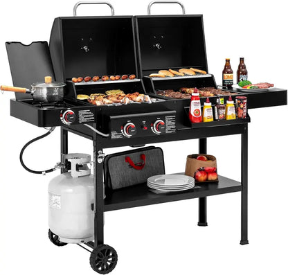 Dual-Fuel 2-Burner Gas & Charcoal Grill Combo with Offset Smoker and Side Burner  34,000 BTU