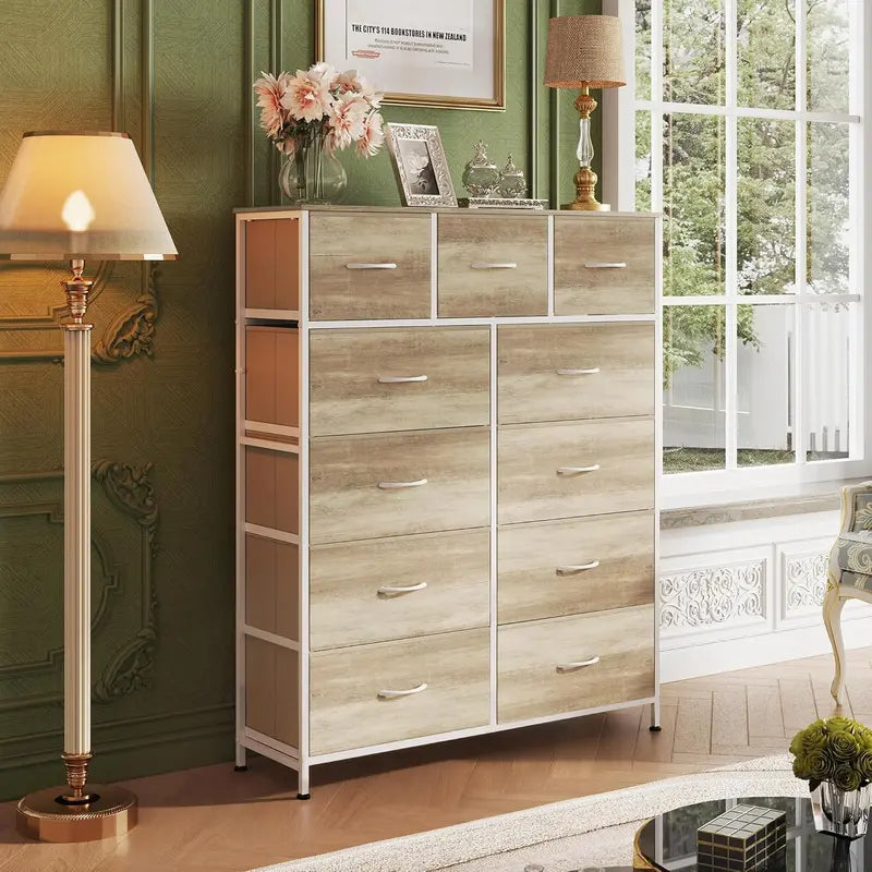 11-Bin Tall Fabric Storage Tower  Steel-Frame Organizer Unit with Stackable Drawers & Soft Bins