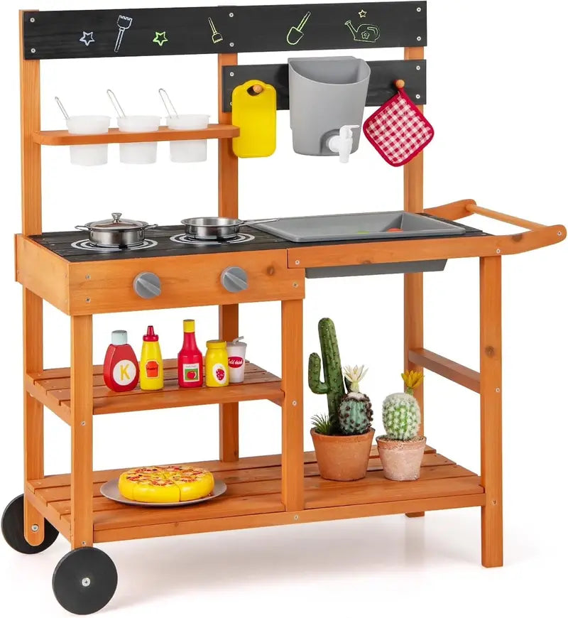 OLAKIDS Outdoor Mud Kitchen Playset  Rolling Wooden Kids’ Cooking Station with Removable Sink, Accessories, and All-Terrain Wheels for Ages 3+