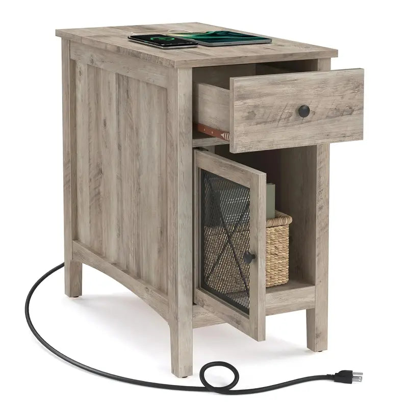 Multi-Functional Side Table Featuring USB/AC Charging Ports, Ample Storage, and Nightstand Design