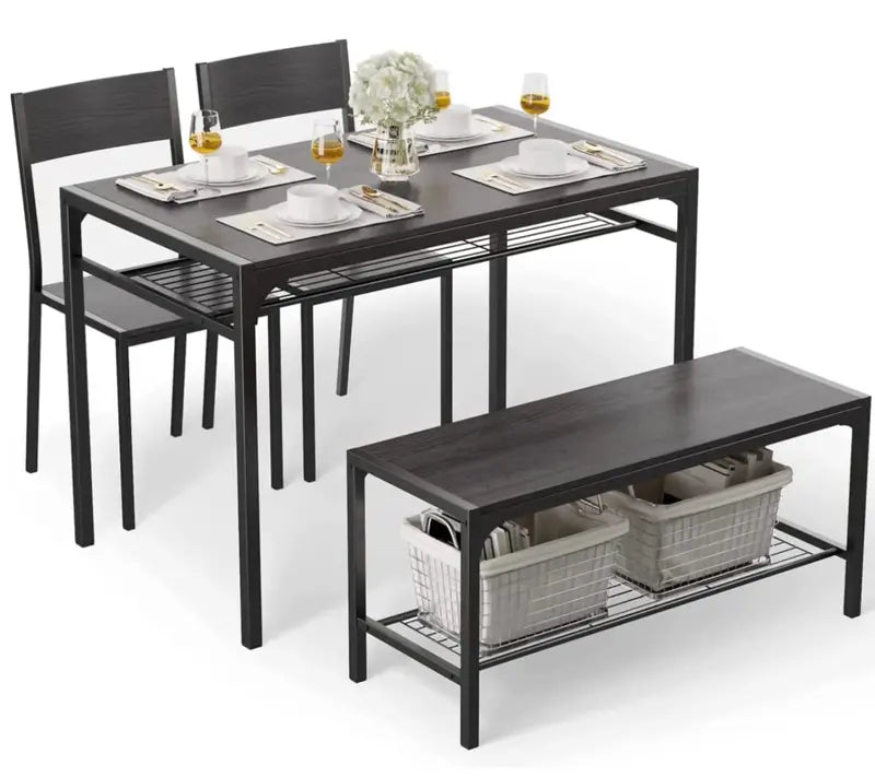 Gizoon 4-Piece Kitchen Dining Set with Storage Racks  Table, 2 Chairs & Bench, Space-Saving Design