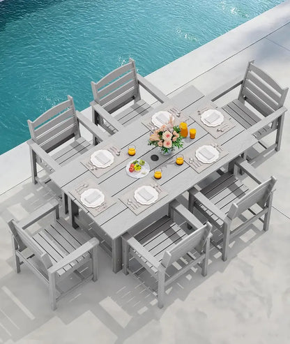 SERWALL 7-Piece Blue HDPE Outdoor Dining Set with Umbrella Hole and Stackable Chairs