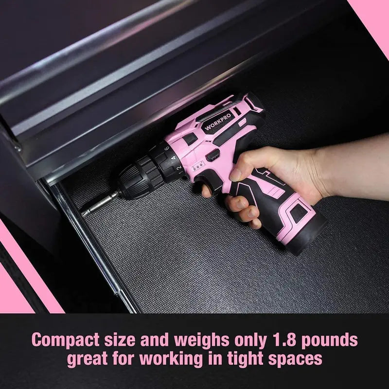 WORKPRO 12V Cordless Drill Kit for Women  Pink Ribbon Design