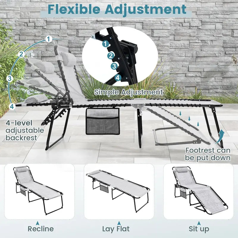 Adjustable Patio Chaise Lounge  Folding Recliner Chair with 4-Position Backrest, Side Pocket & Removable Headrest