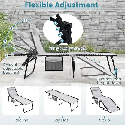Adjustable Patio Chaise Lounge  Folding Recliner Chair with 4-Position Backrest, Side Pocket & Removable Headrest