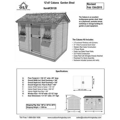 Cabana Premium 12 ft. by 8 ft. Outdoor Wood Shed  Weather-Resistant Design, Double Doors
