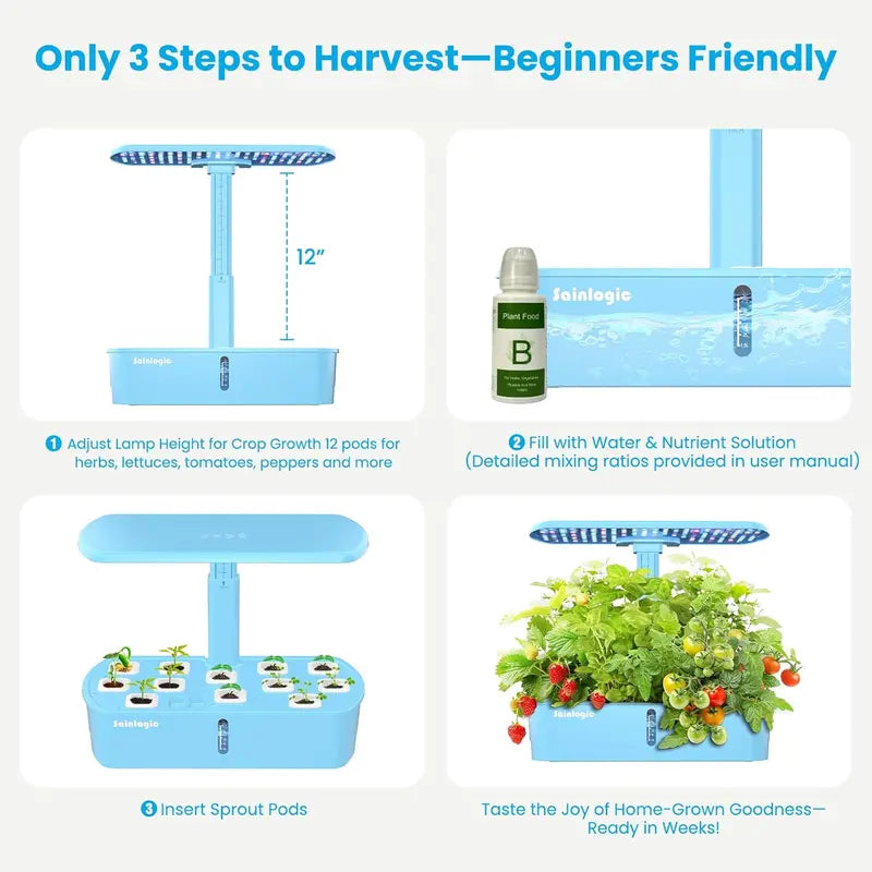 Sainlogic Smart Hydroponic Garden Kit | 12-Pod WiFi-Enabled Indoor Growing System with APP Control, 24W Full-Spectrum LED, Quiet Pump & Multi-Plant Compatibility