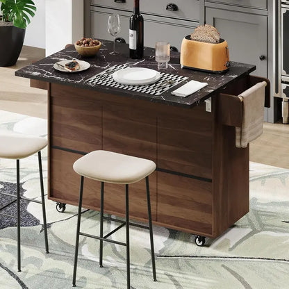White Rotating Kitchen Island Cart  Foldable-Leg Trolley with Trash Bin, Towel Bar, Drawers, and Internal Shelves